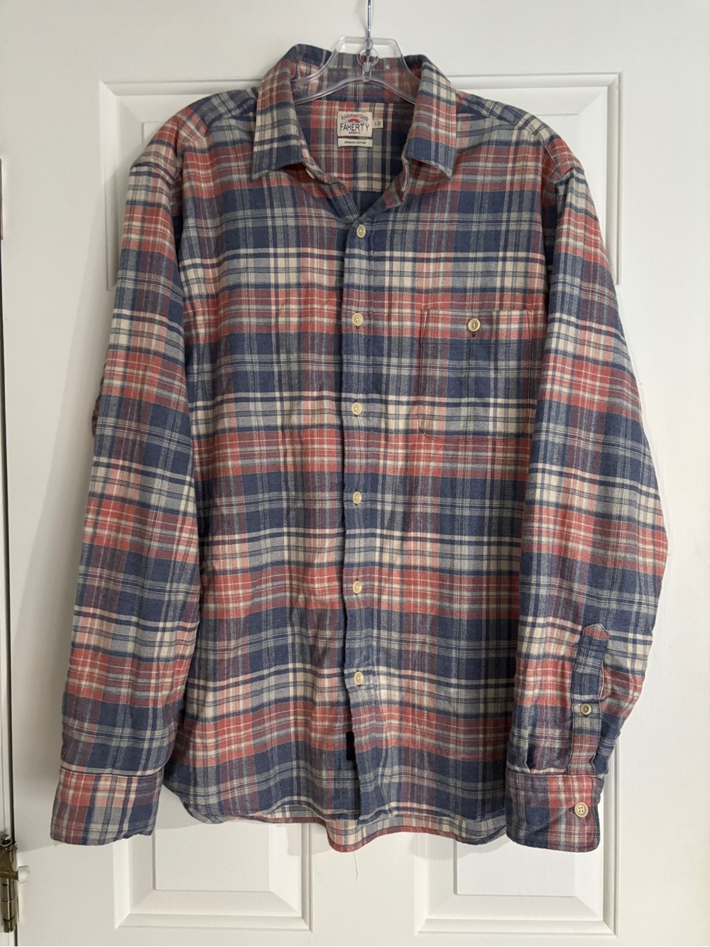 Faherty Stretch Seaview Flannel Shirt Blue Rust Plaid Organic Cotton - Large